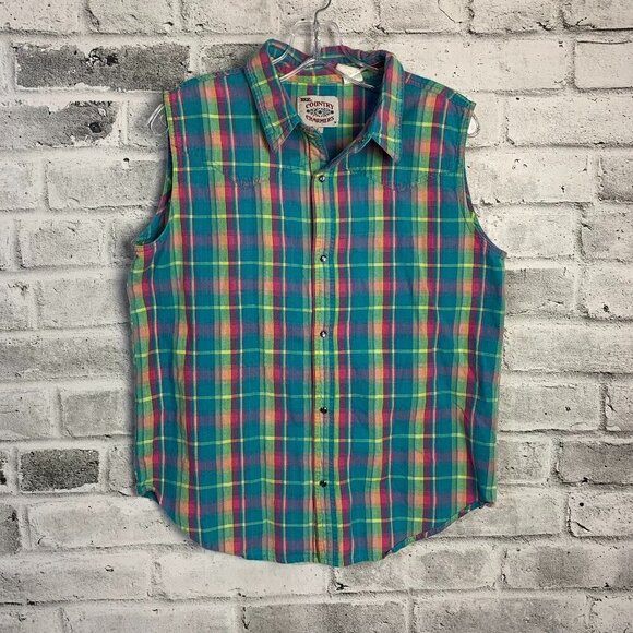 Ely Vintage Pearl Snap Plaid Sleeveless Button Down Western Shirt - Picture 1 of 8